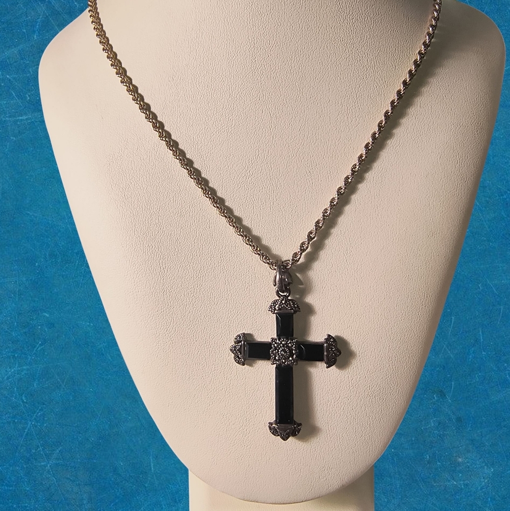 Sterling Silver Onyx & Marcasite Large Cross Pendant on Heavy Rope Chain